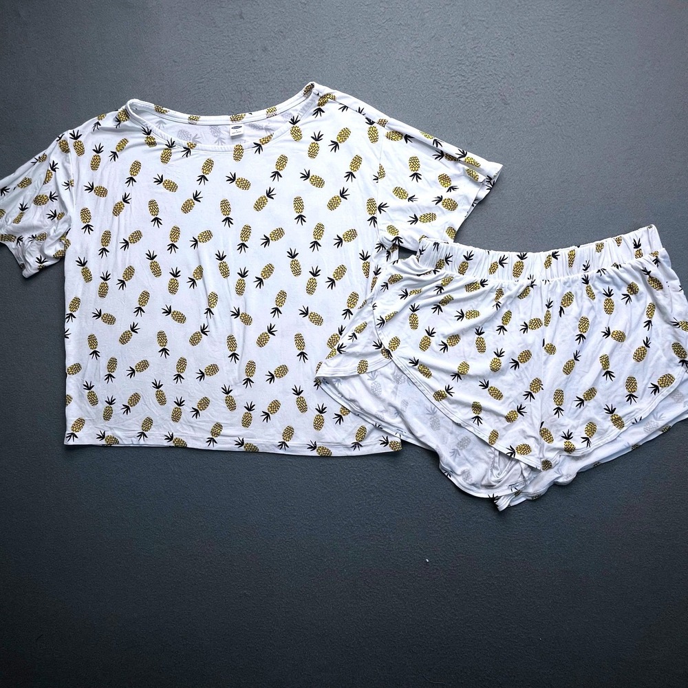 Old Navy Womens Small Pineapple Pajama Set White Yellow Short Sleeve Shorts PJ